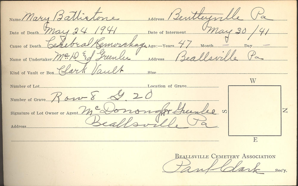 Mary Battistone  burial card
